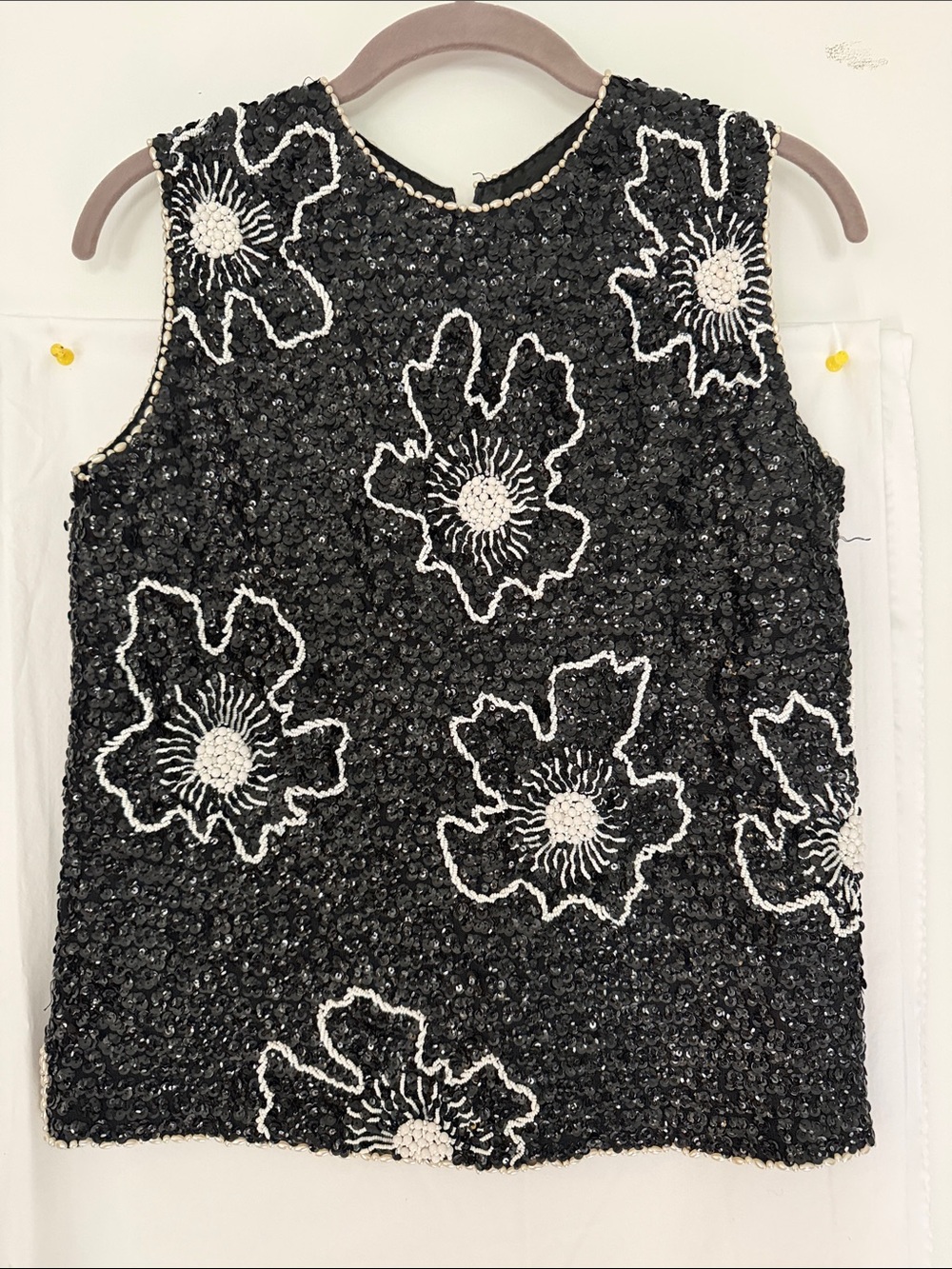 Vintage Hand Crafted Black Sequin Tank Top with White Bead Floral Accents